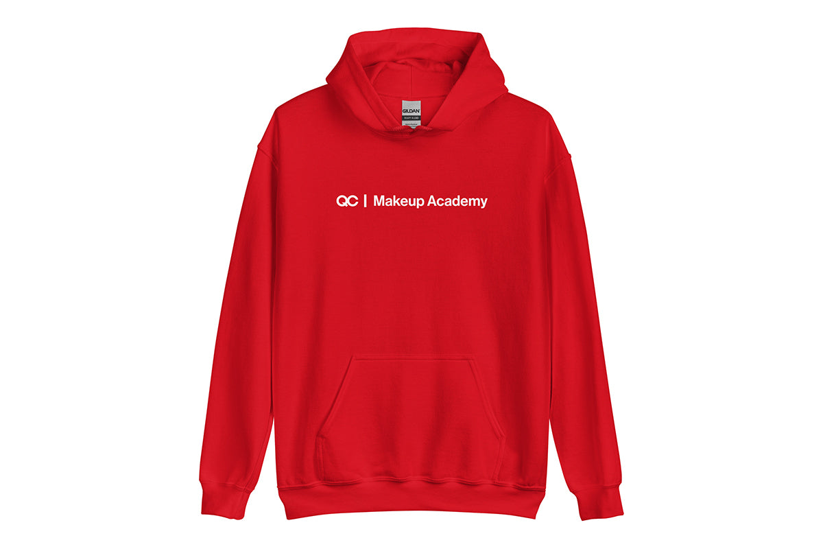 Red hoodie with 'QC Makeup Academy' text on a white background