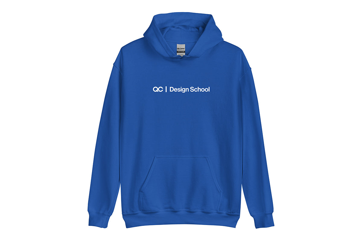 Blue hoodie with 'QC Design School' text on a white background