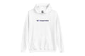 White hoodie with 'QC Design School' text on a white background