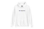 White hoodie with 'QC Design School' text on a white background
