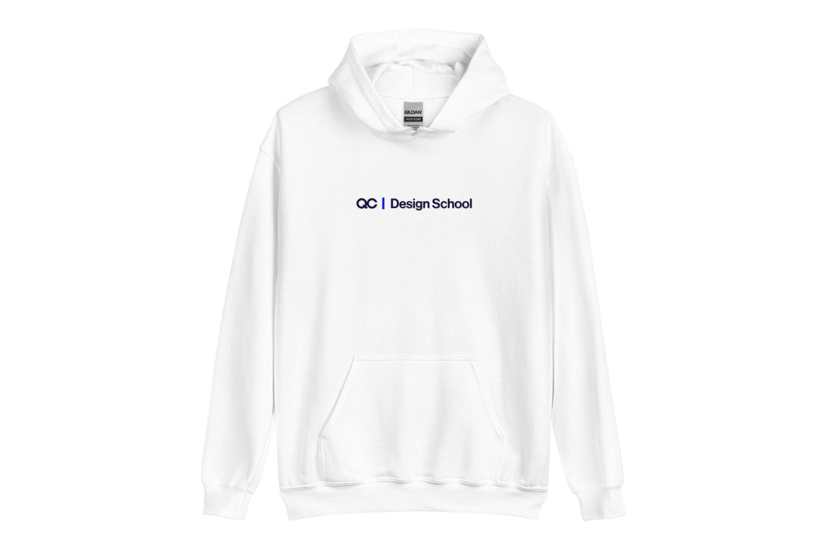 White hoodie with 'QC Design School' text on a white background