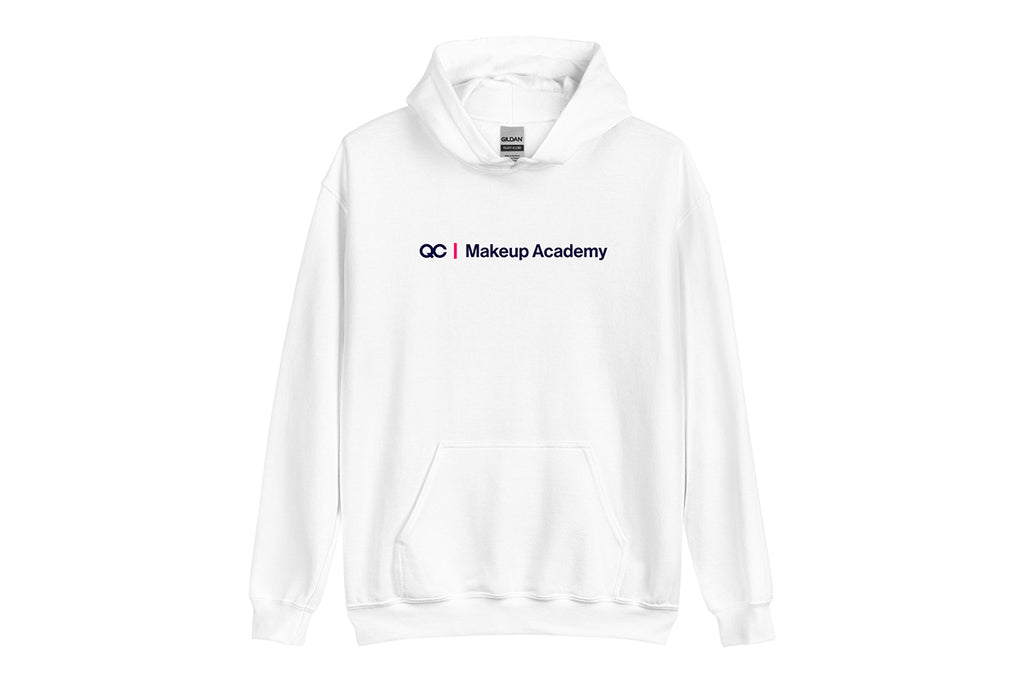 White hoodie with 'QC Makeup Academy' text on a white background