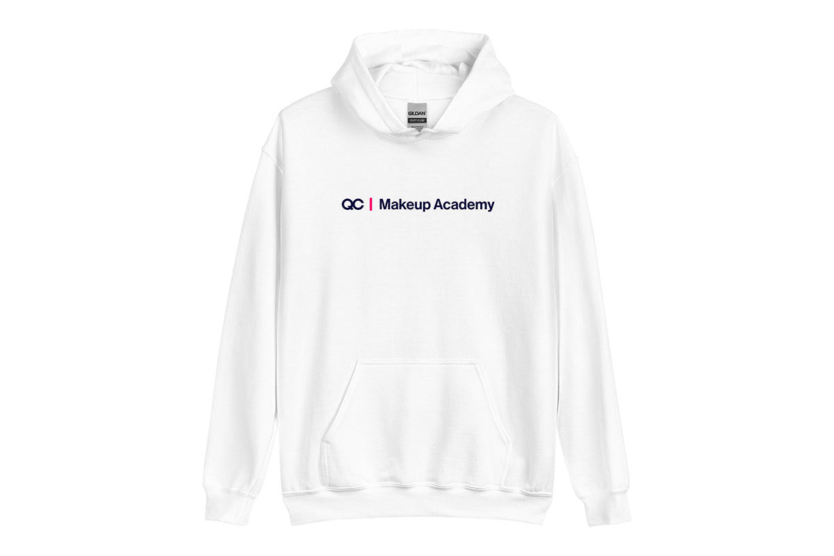 White hoodie with 'QC Makeup Academy' text on a white background