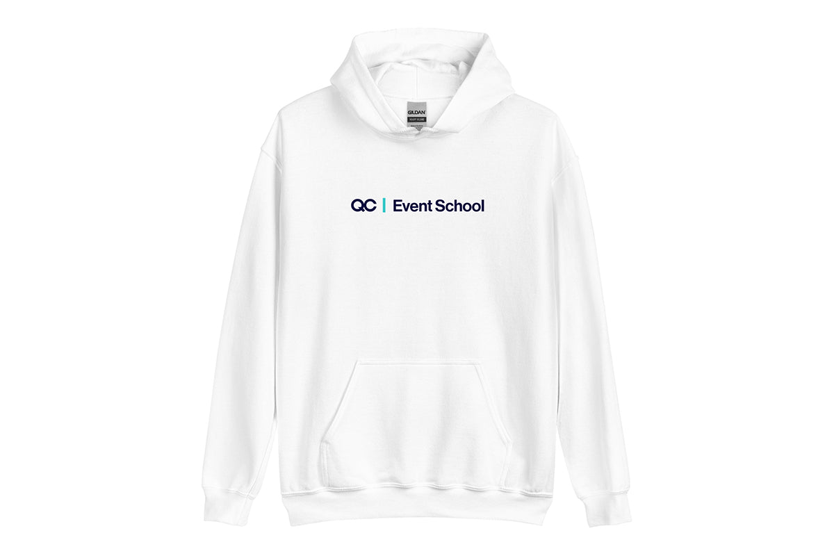 White hoodie with 'QC Event School' text on a white background