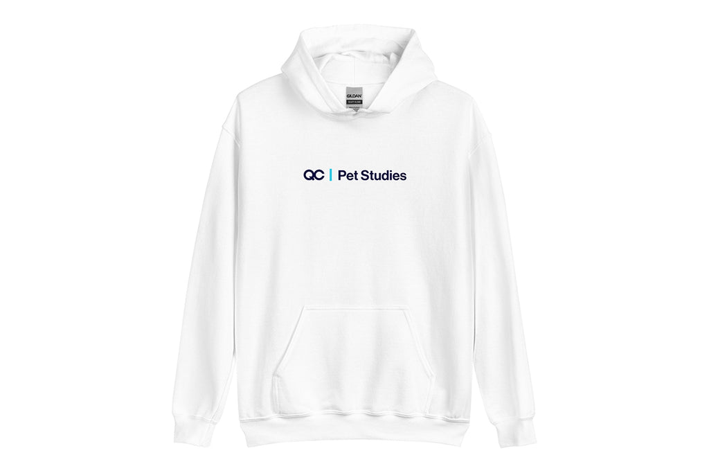 White hoodie with 'QC Pet Studies' text on a white background