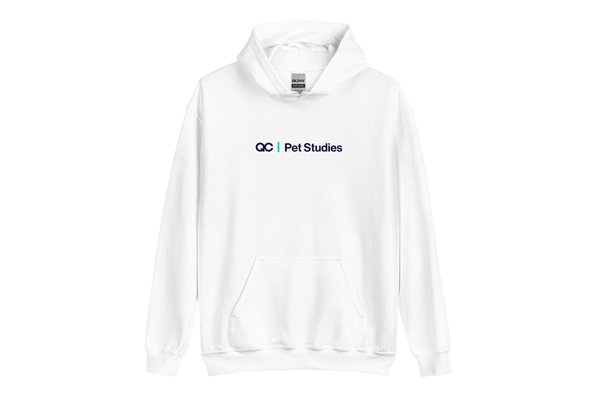White hoodie with 'QC Pet Studies' text on a white background