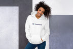 Woman wearing a white hoodie with 'QC Event School' logo against a gray wall.