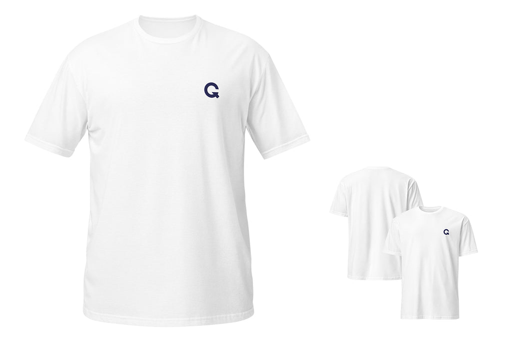 White t-shirt with a QC logo on a white background