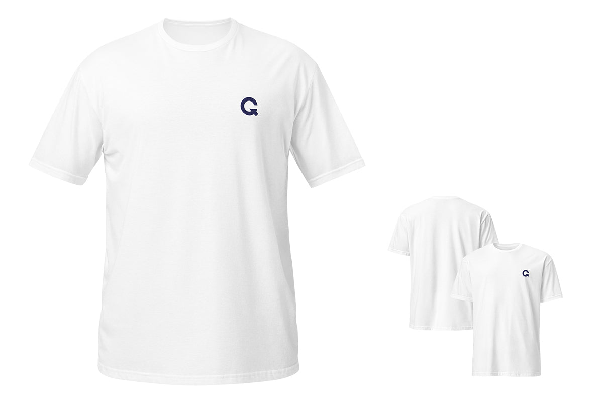 White t-shirt with a QC logo on a white background