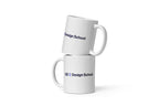 Two white mugs with 'QC Design School' text on a white background