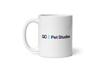 White mug with 'QC Pet Studies' text on a white background