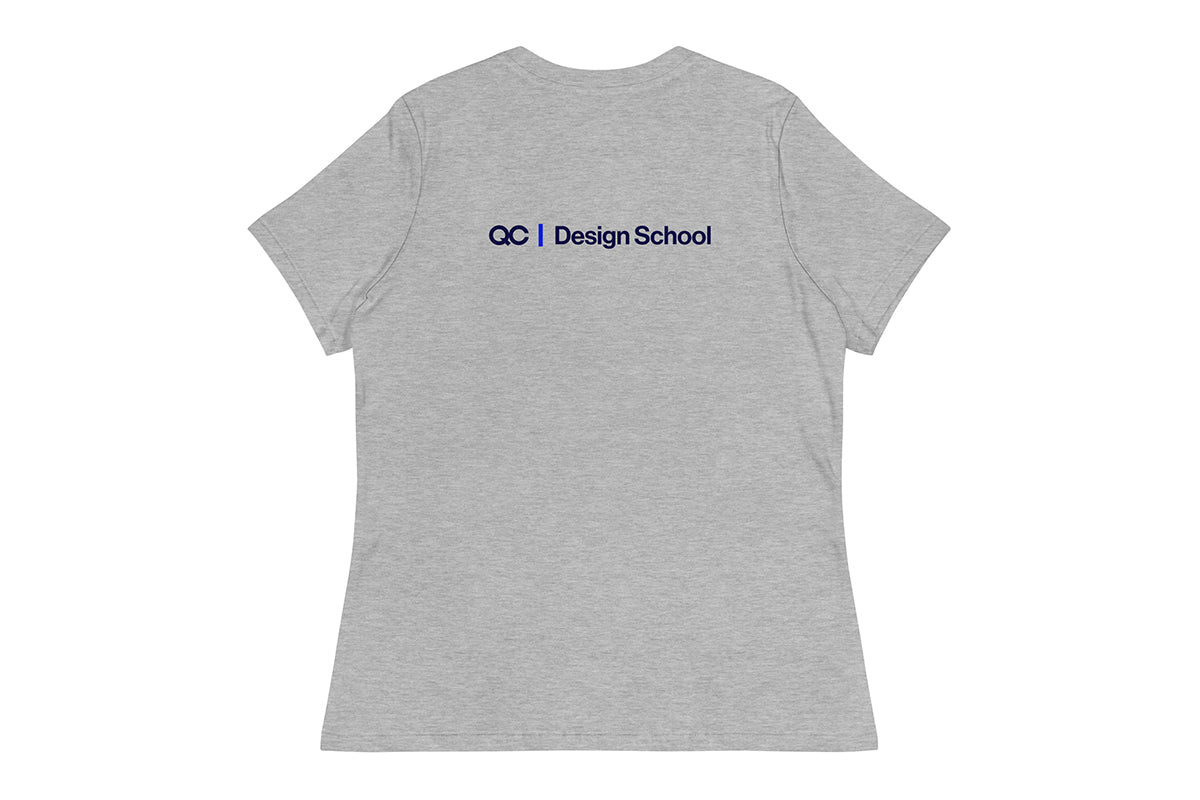 Gray t-shirt with a QC Design School logo on the back against a white background