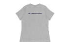 Back of gray t-shirt with 'QC Makeup Academy' text on the back against a white background