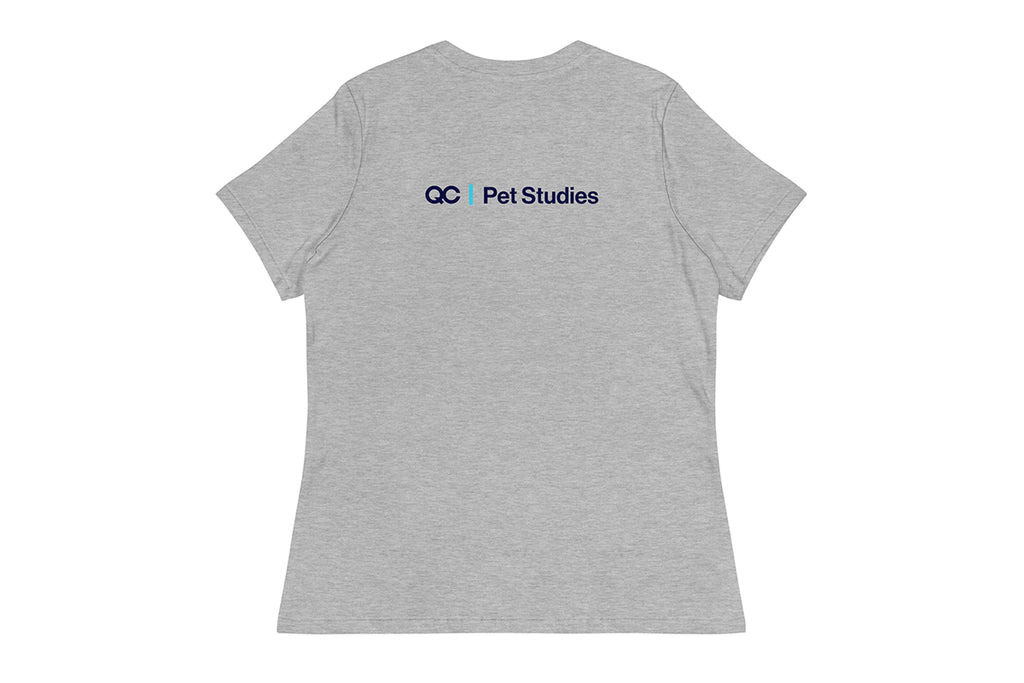 Gray t-shirt with 'QC Pet Studies' logo on the back against a white background