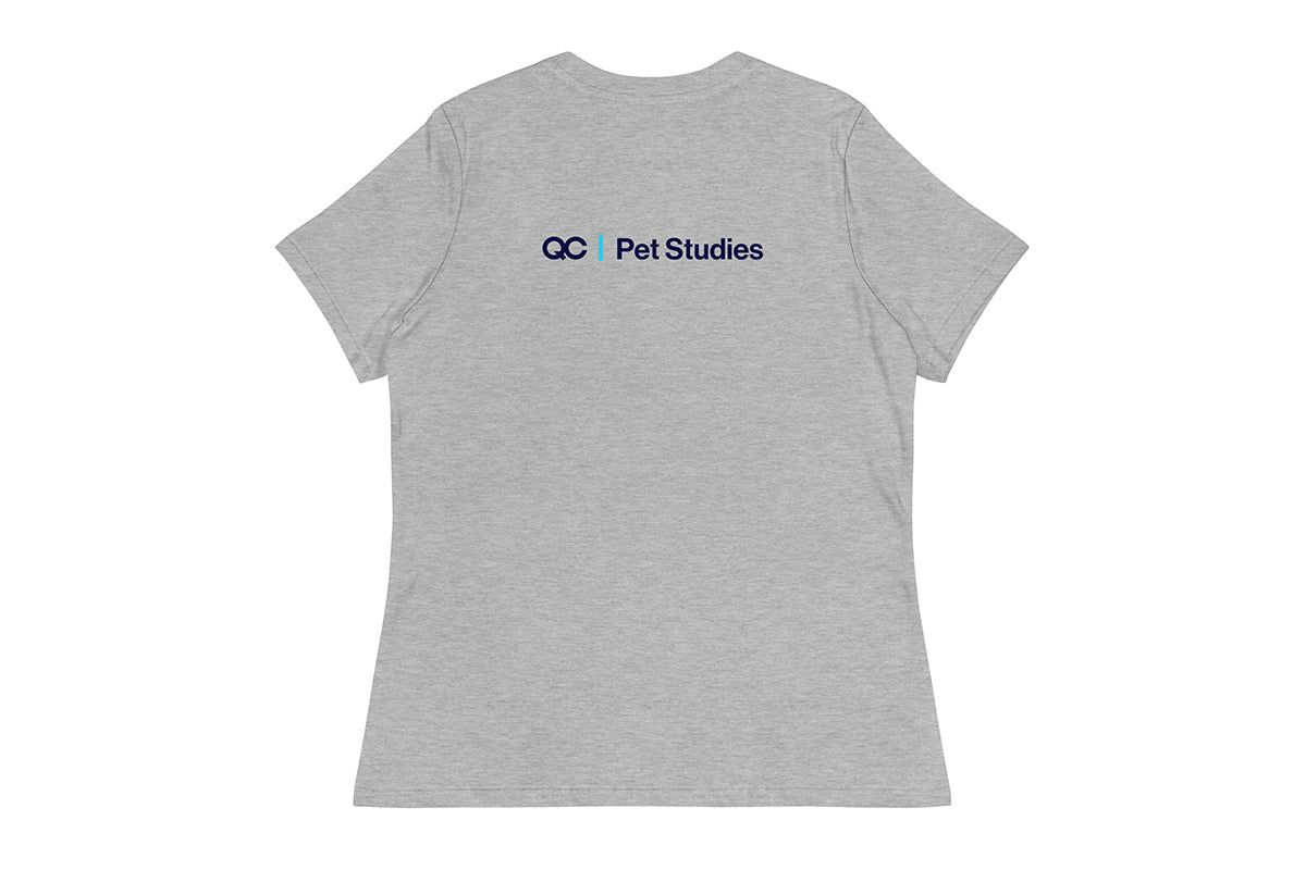 Gray t-shirt with 'QC Pet Studies' logo on the back against a white background