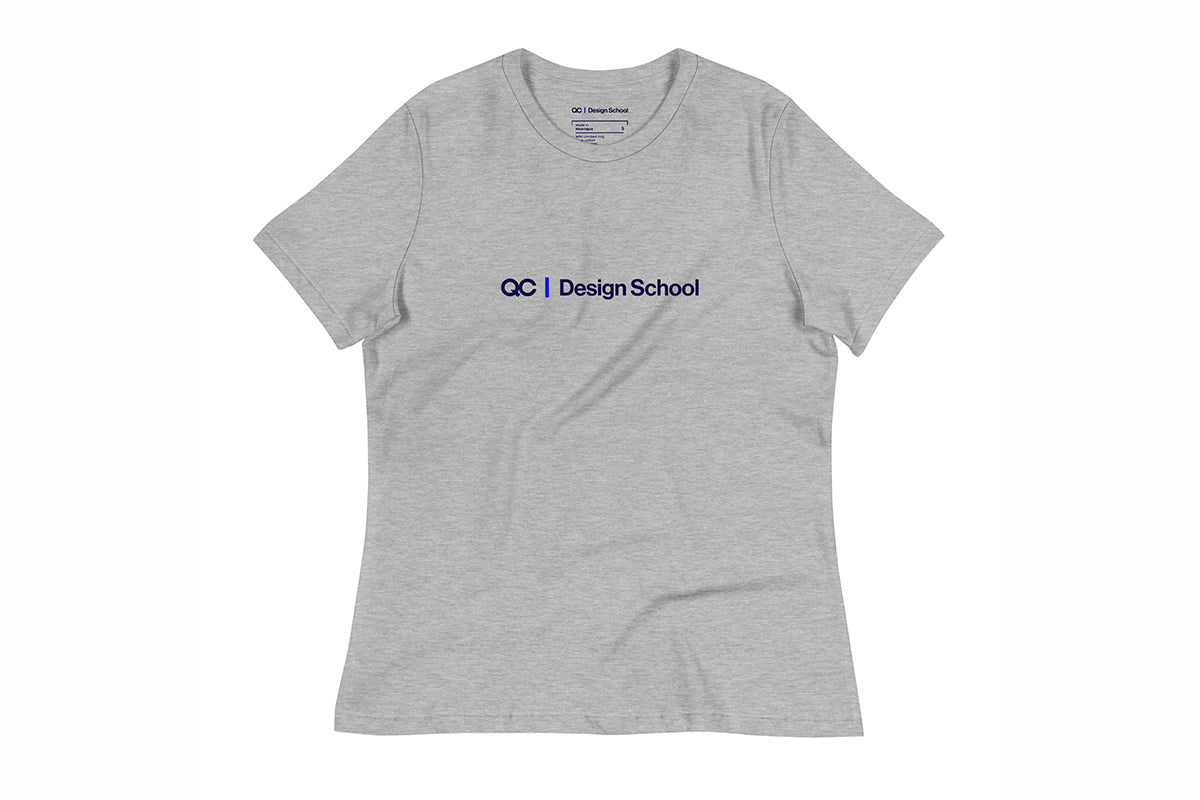 Gray t-shirt with 'QC Design School' logo on a white background