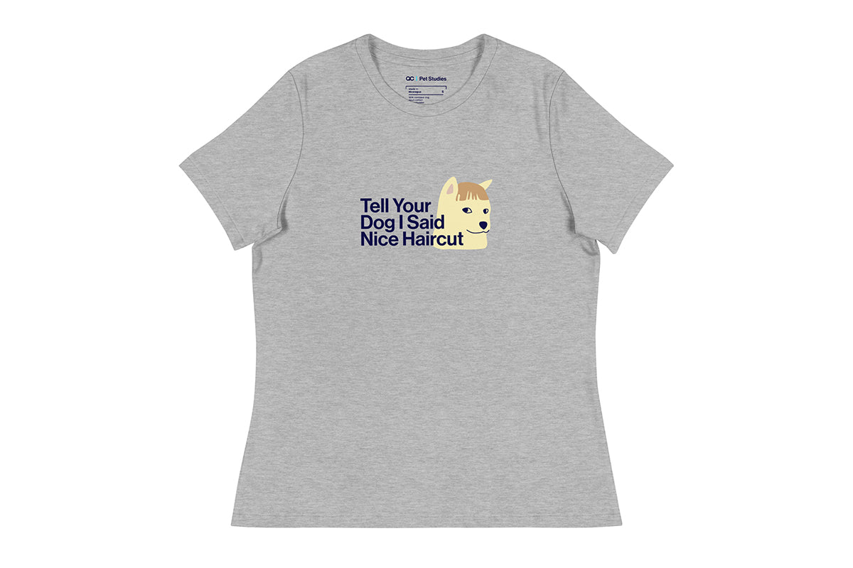 Gray t-shirt with a graphic of a dog and text on a white background