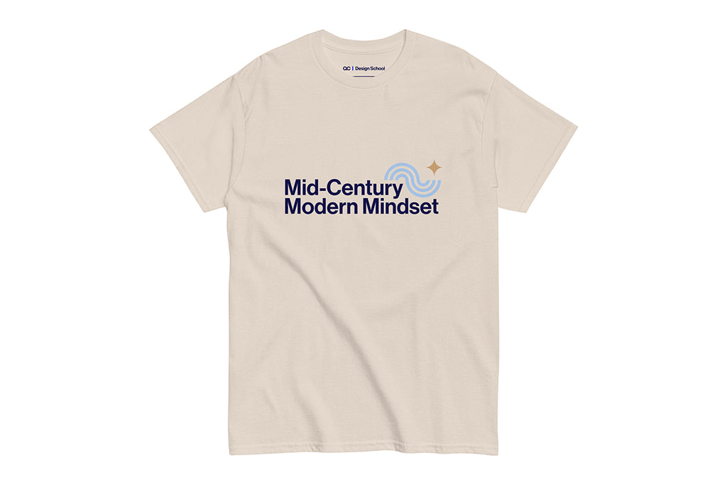 Beige t-shirt with 'Mid-Century Modern Mindset' text on a white background
