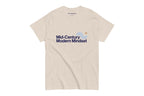 Beige t-shirt with 'Mid-Century Modern Mindset' text on a white background