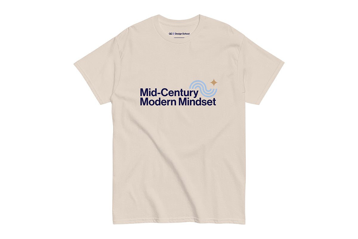 Beige t-shirt with 'Mid-Century Modern Mindset' text on a white background