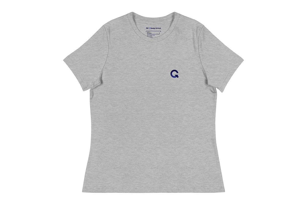 Gray t-shirt with a small Q logo on a white background