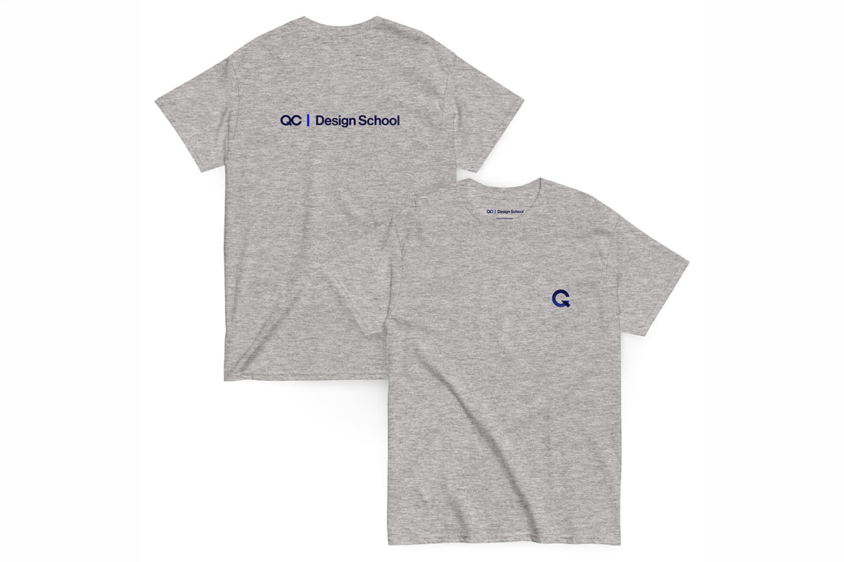 Two gray shirts, front and back with QC Design School logos on a white background