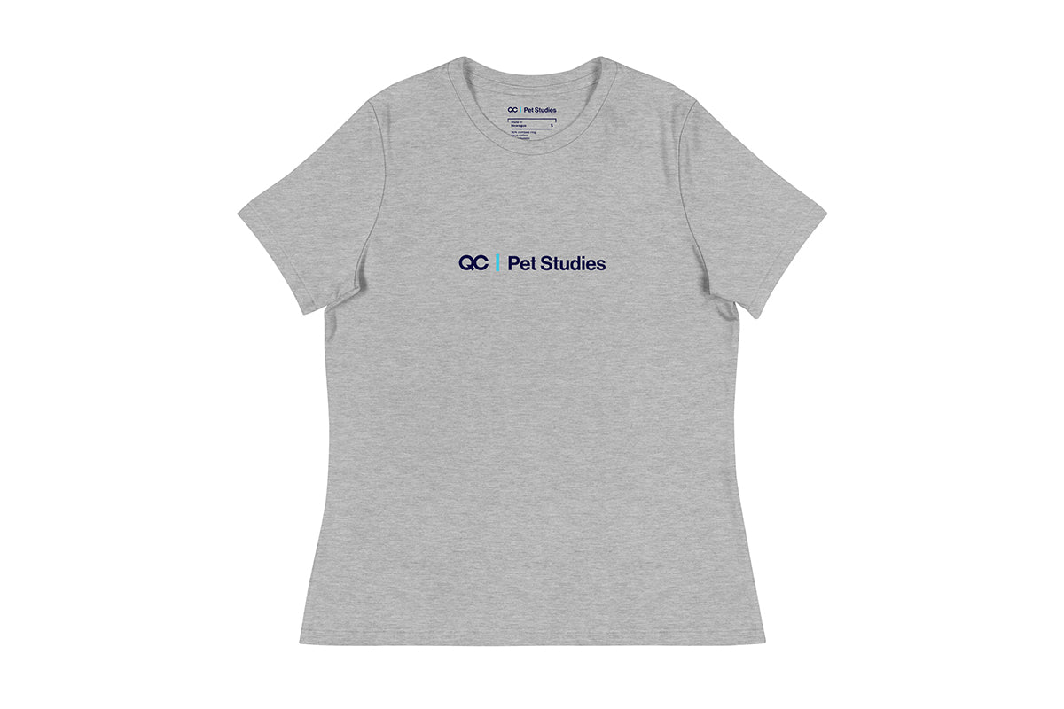 Gray t-shirt with 'QC Pet Studies' logo on a white background