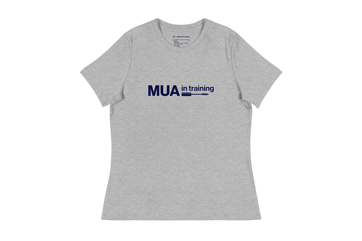 Gray t-shirt with 'MUA in training' text on a white background