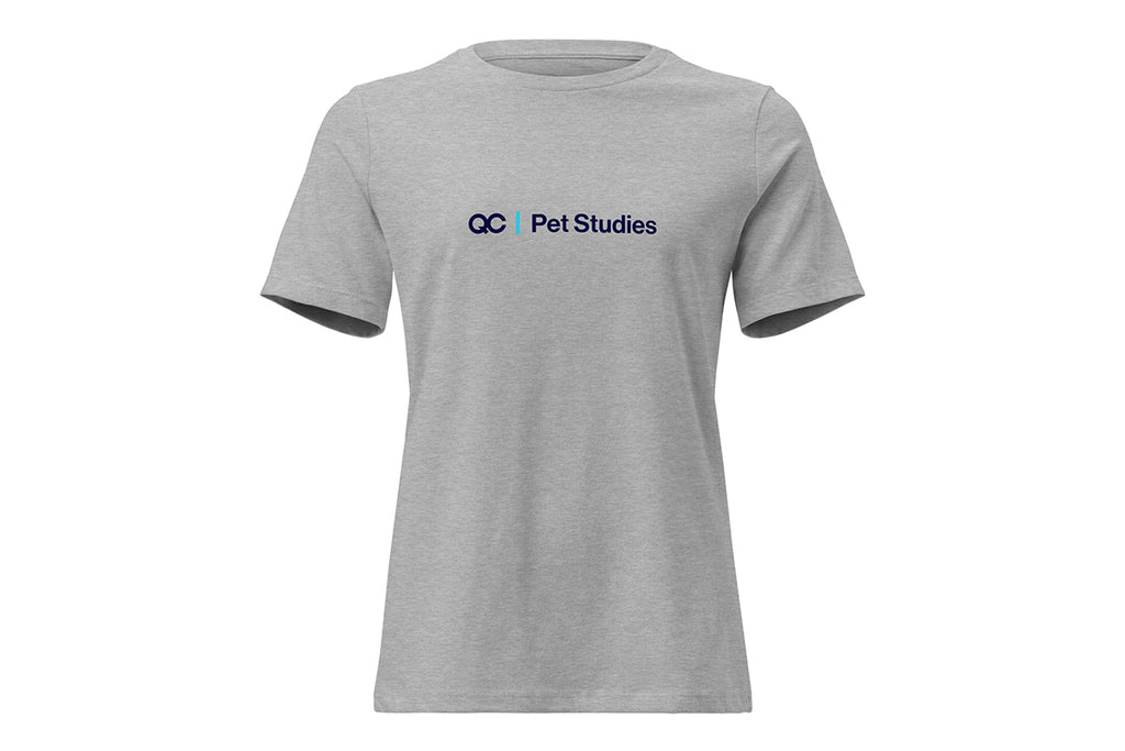 Gray t-shirt with 'QC Pet Studies' logo on a white background