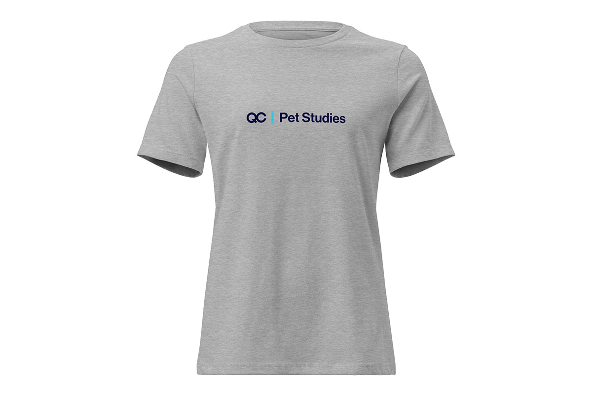 Gray t-shirt with 'QC Pet Studies' logo on a white background