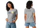 Person wearing a gray t-shirt with text and graphics on a white background
