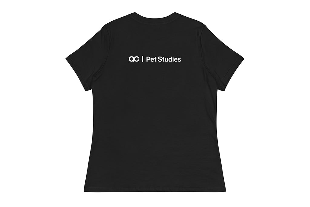 Black t-shirt back with 'QC Pet Studies' text on a white background