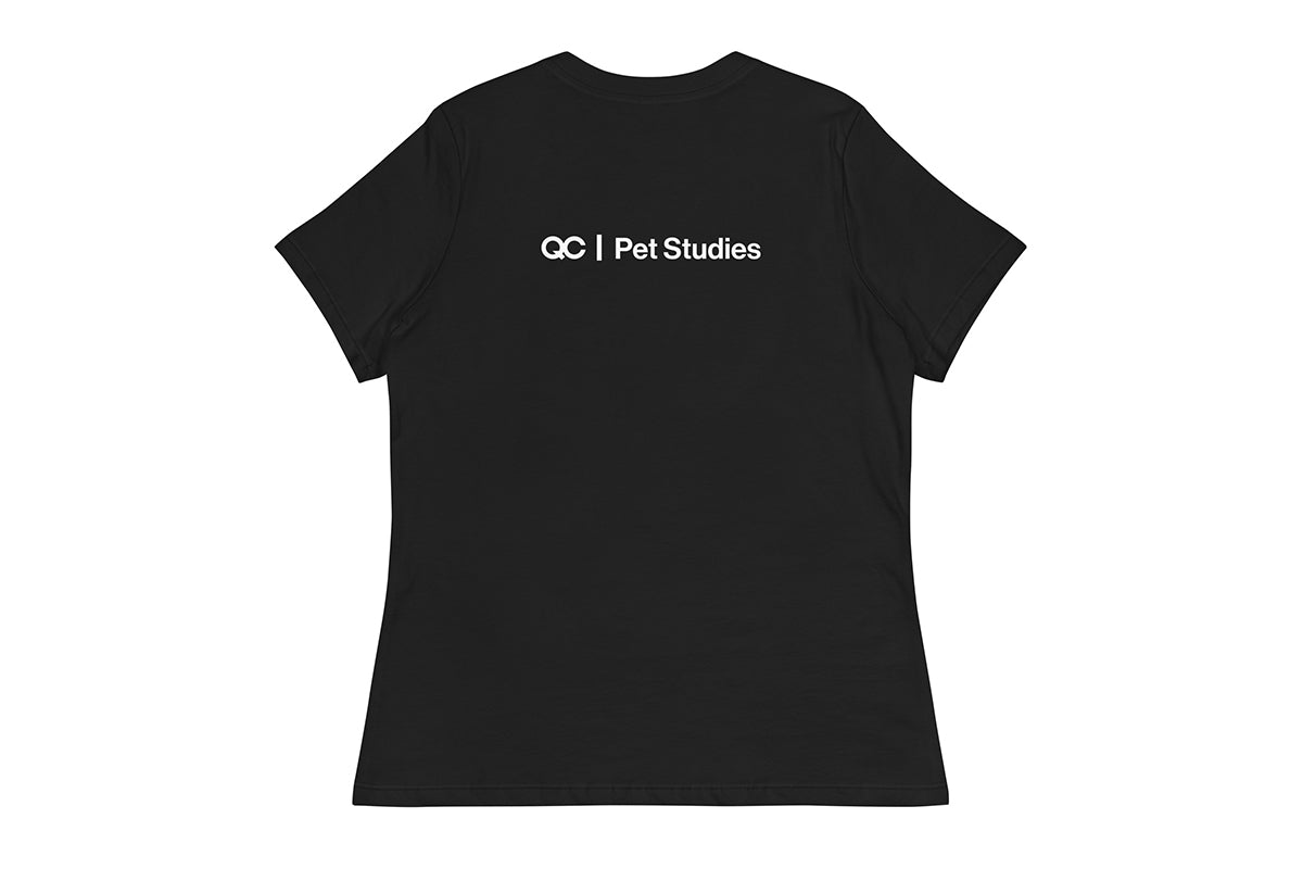 Black t-shirt back with 'QC Pet Studies' text on a white background