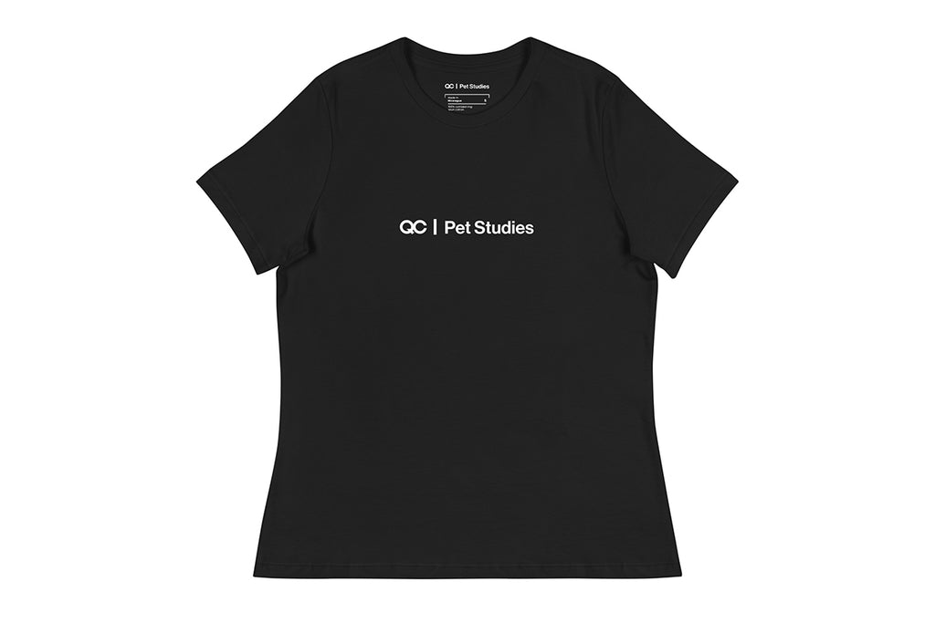 Black t-shirt with 'QC Pet Studies' text on a white background