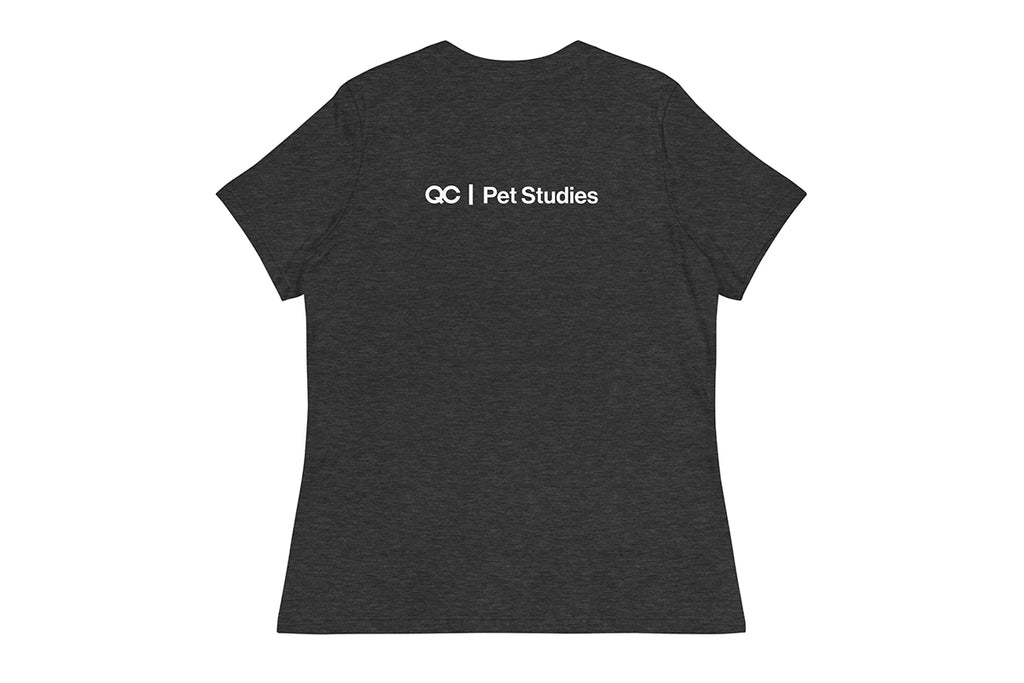 Grey t-shirt with 'QC Pet Studies' text on a white background