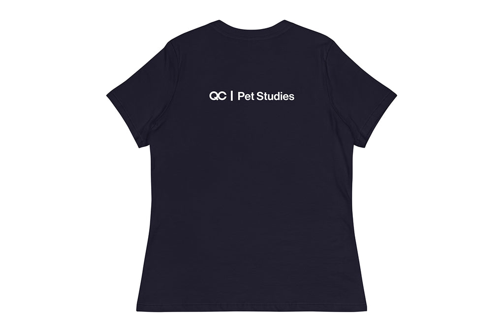 Navy blue t-shirt back with 'QC Pet Studies' text on a white background