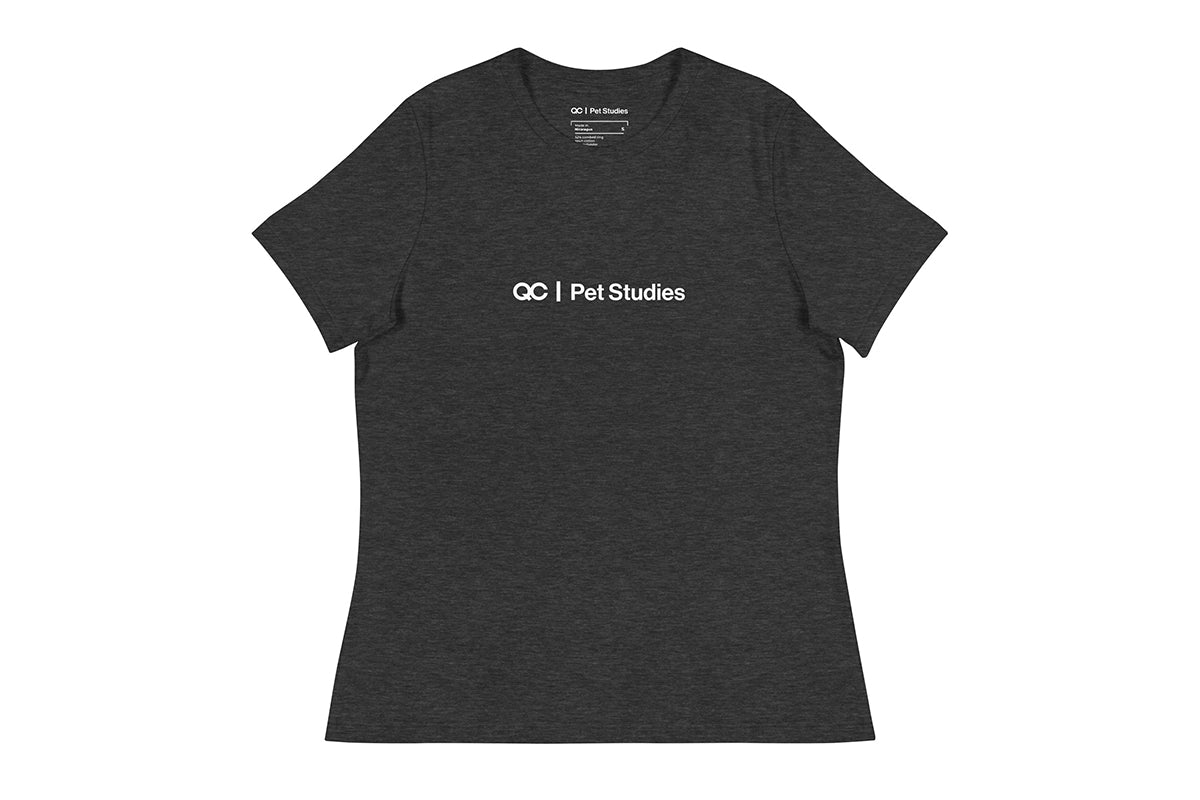 Dark grey t-shirt with 'QC Pet Studies' text on a white background