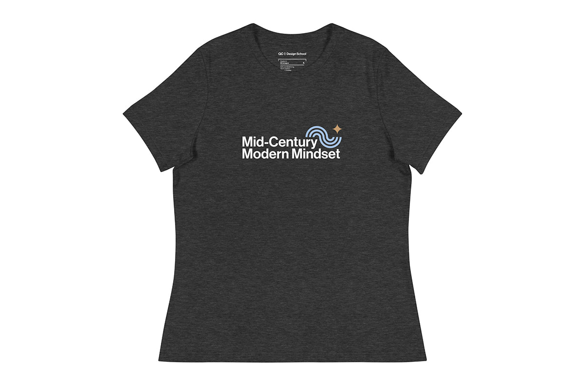 Grey t-shirt that reads "Mid-Century Modern Mindset"