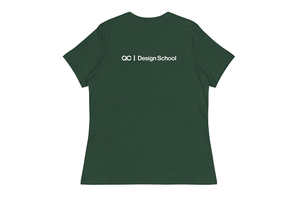 Green t-shirt with 'QC Design School' text on a white background