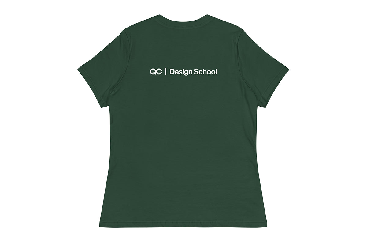 Green t-shirt with 'QC Design School' text on a white background
