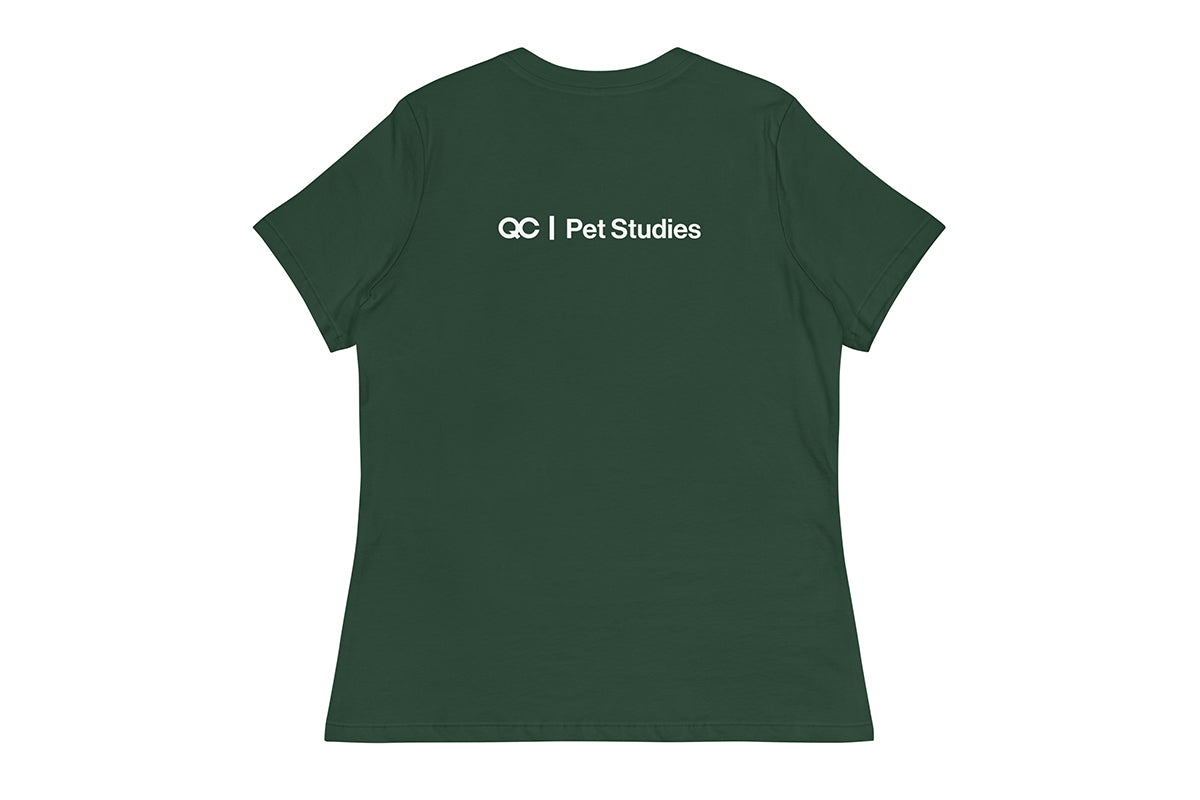Green t-shirt back with 'QC Pet Studies' text on the back against a white background