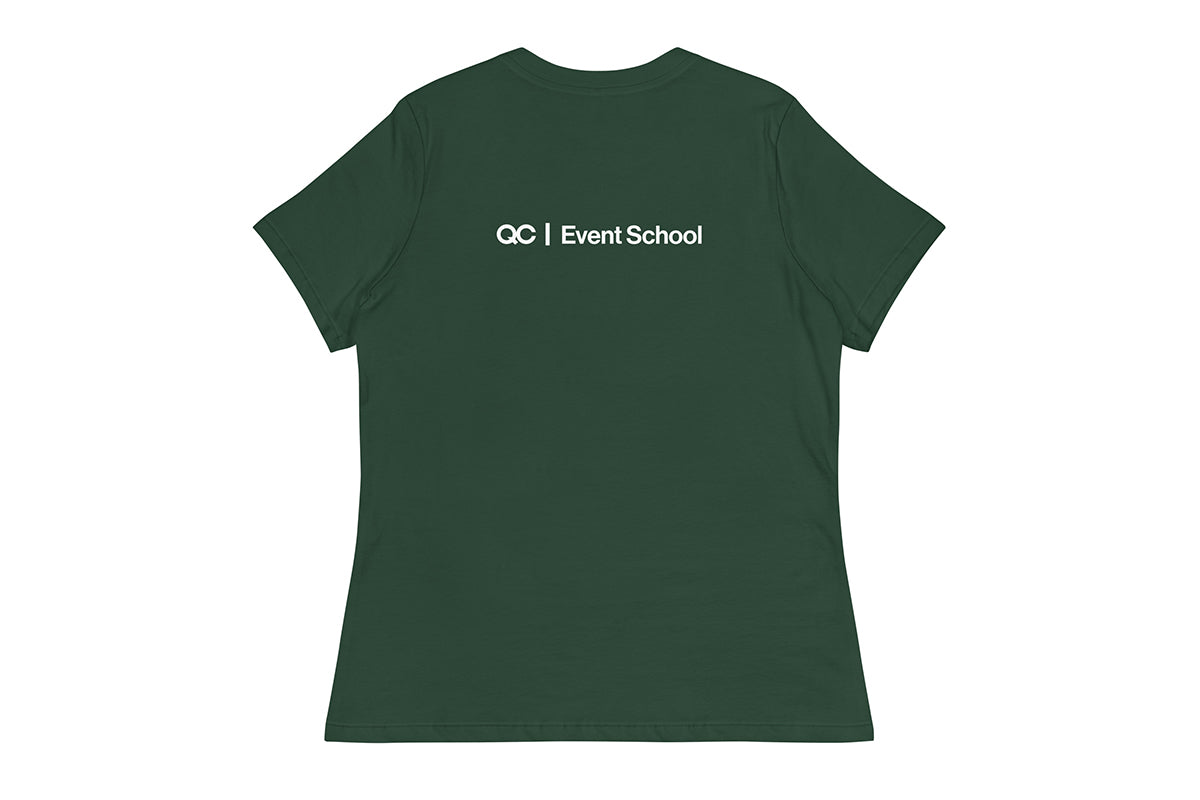 Green t-shirt back with 'QC Event School' text on a white background