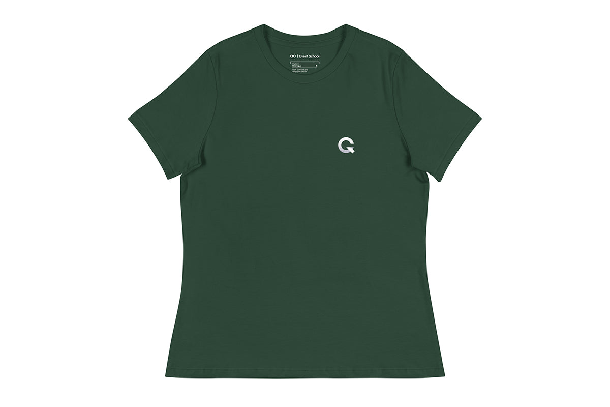 Green t-shirt with a white Q logo on a white background