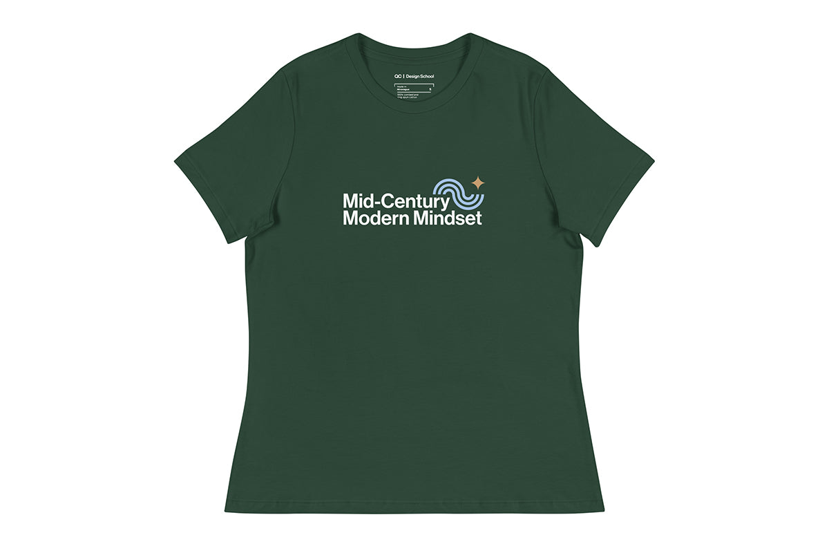 Green t-shirt that reads "Mid-Century Modern Mindset"
