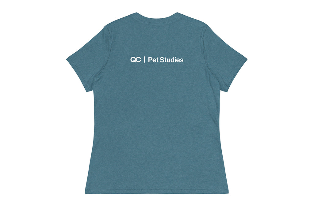Blue t-shirt back with 'QC Pet Studies' text on the back against a white background