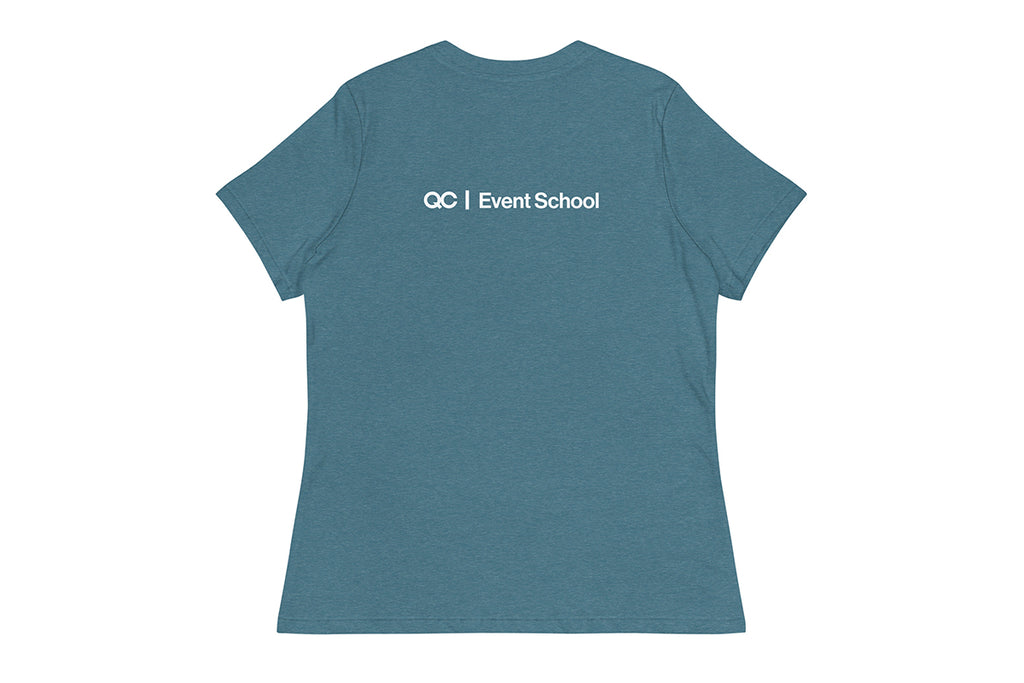 Blue t-shirt back with 'QC Event School' text on a white background