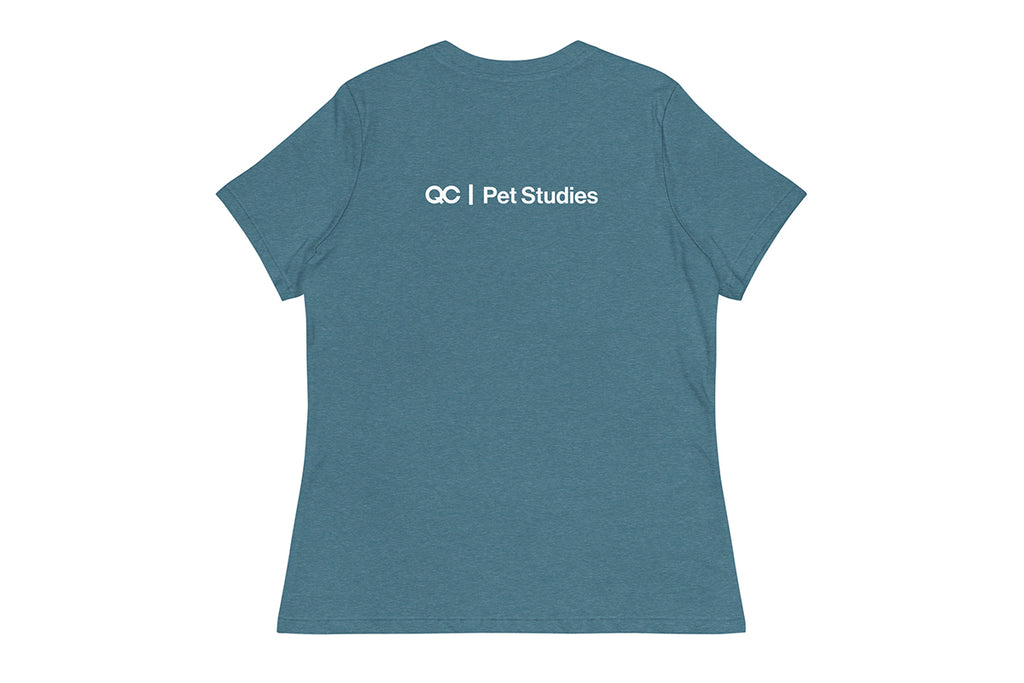 Blue t-shirt back with 'QC Pet Studies' text on a white background