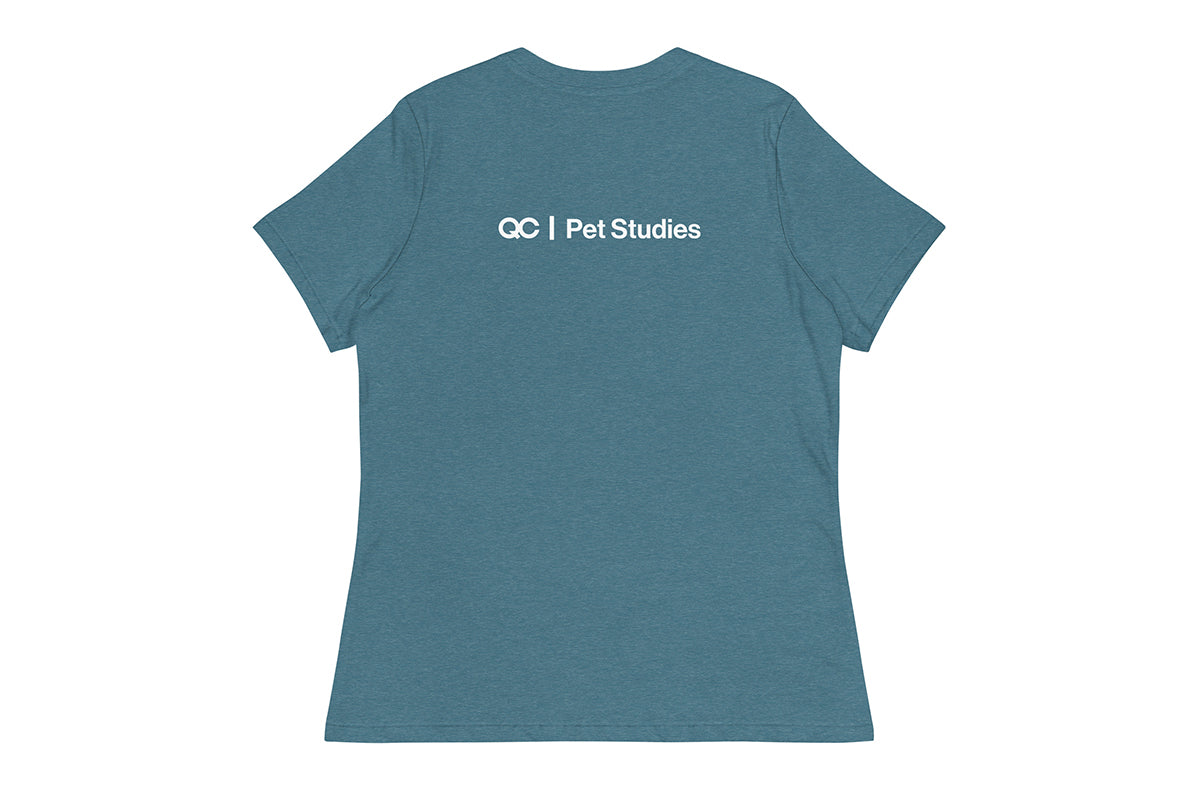 Blue t-shirt back with 'QC Pet Studies' text on a white background