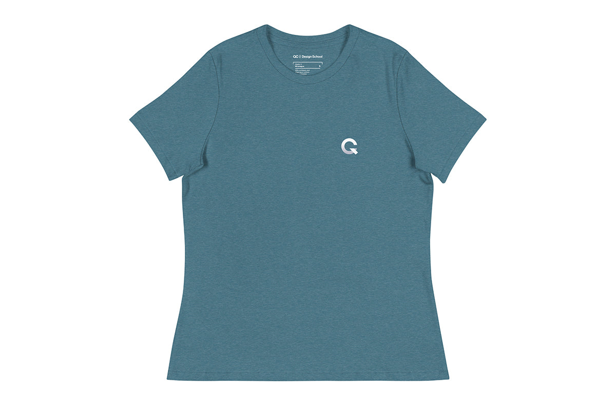 Blue t-shirt with a white Q logo on a white background