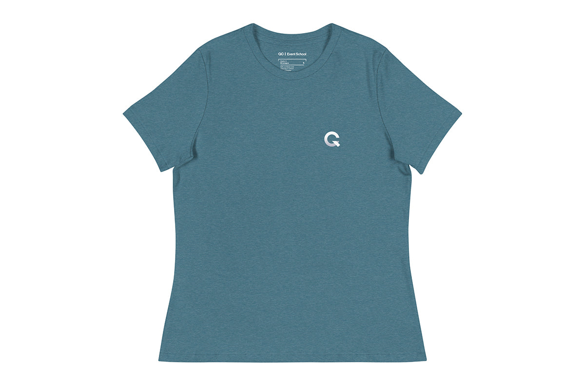 Blue t-shirt with a white Q logo on a white background
